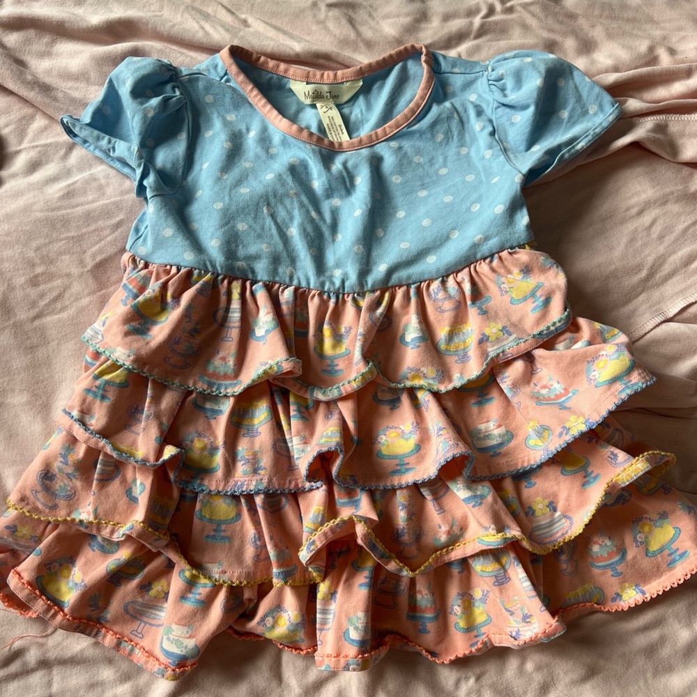Matilda Jane Blue and Pink Polka Dot Top with birthday cake pattern ruffles